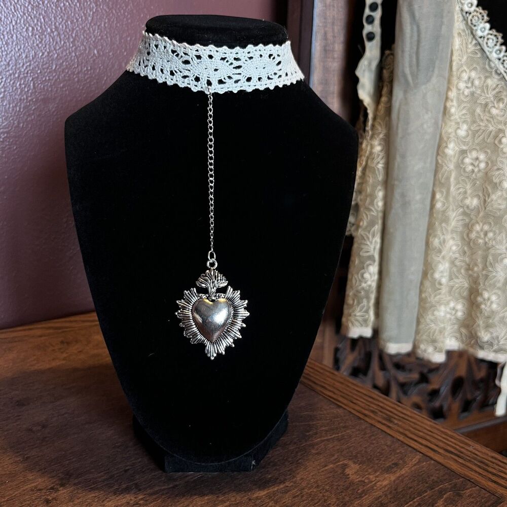 Stainless Steel Silver Sacred Heart Drop Choker Antique-Style Lace Whimsygoth